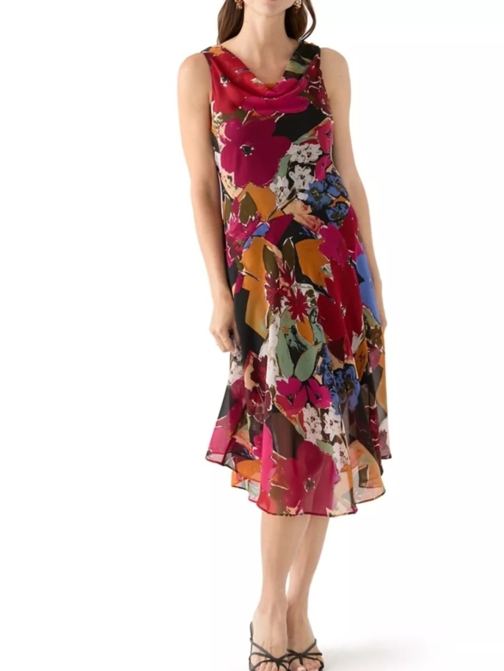 Robbie Bee Blk Multi Print Sleeveless Dress Flowy Feminine Party Vacation Dress